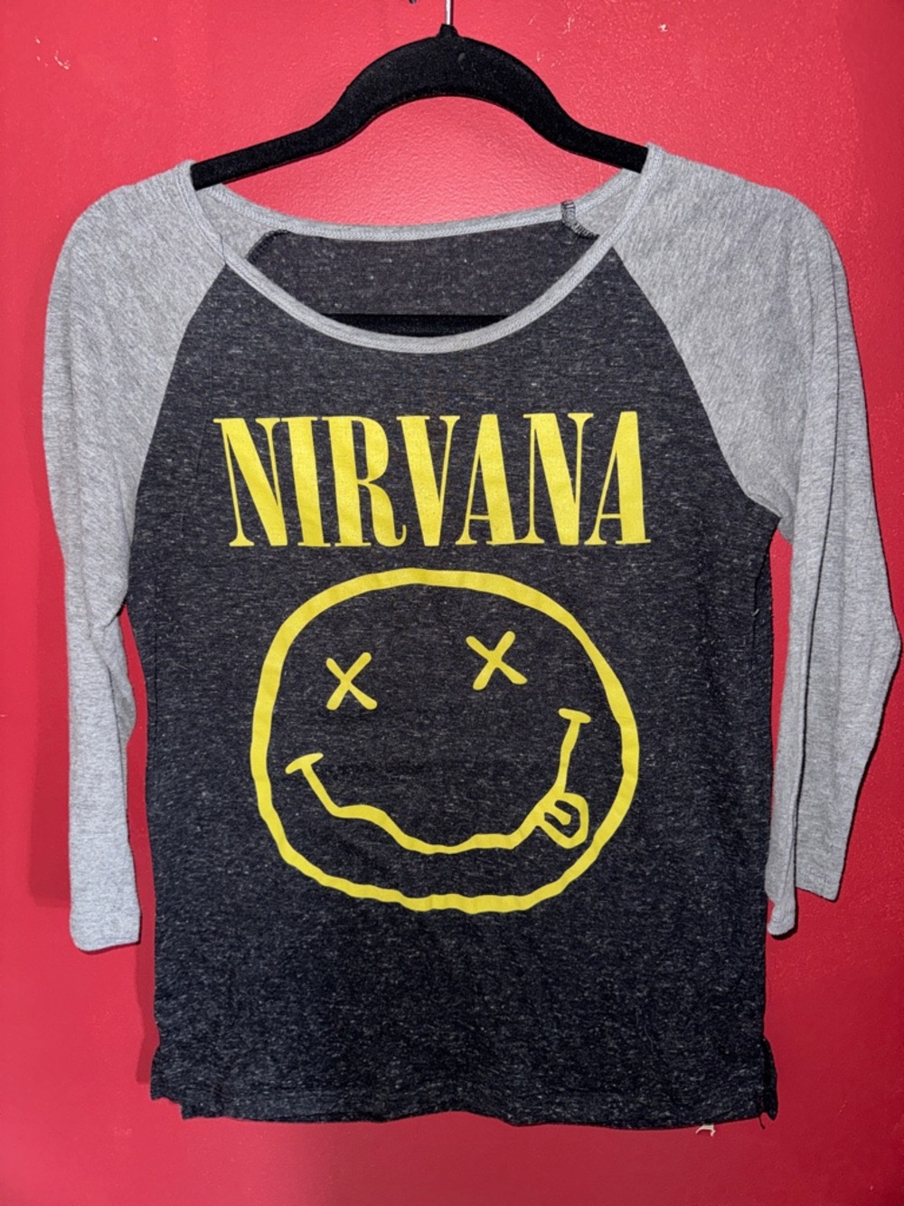 NIRVANA Black & Gray Raglan Tee with Yellow Smiley Print